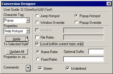 Defining a character format for popup hotspots