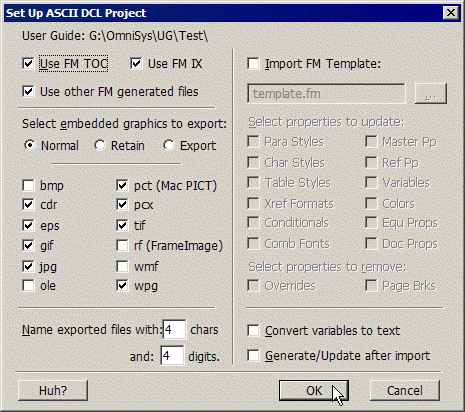 Set Up ASCII DCL Project dialog
